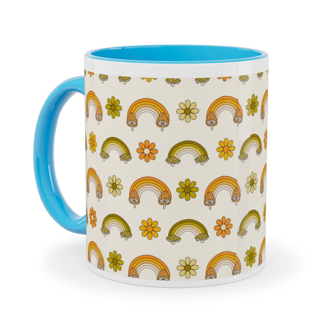 70s Mushroom Rainbow - Retro - Earthy Ceramic Mug, Light Blue, , 11oz, Green, Classic Green