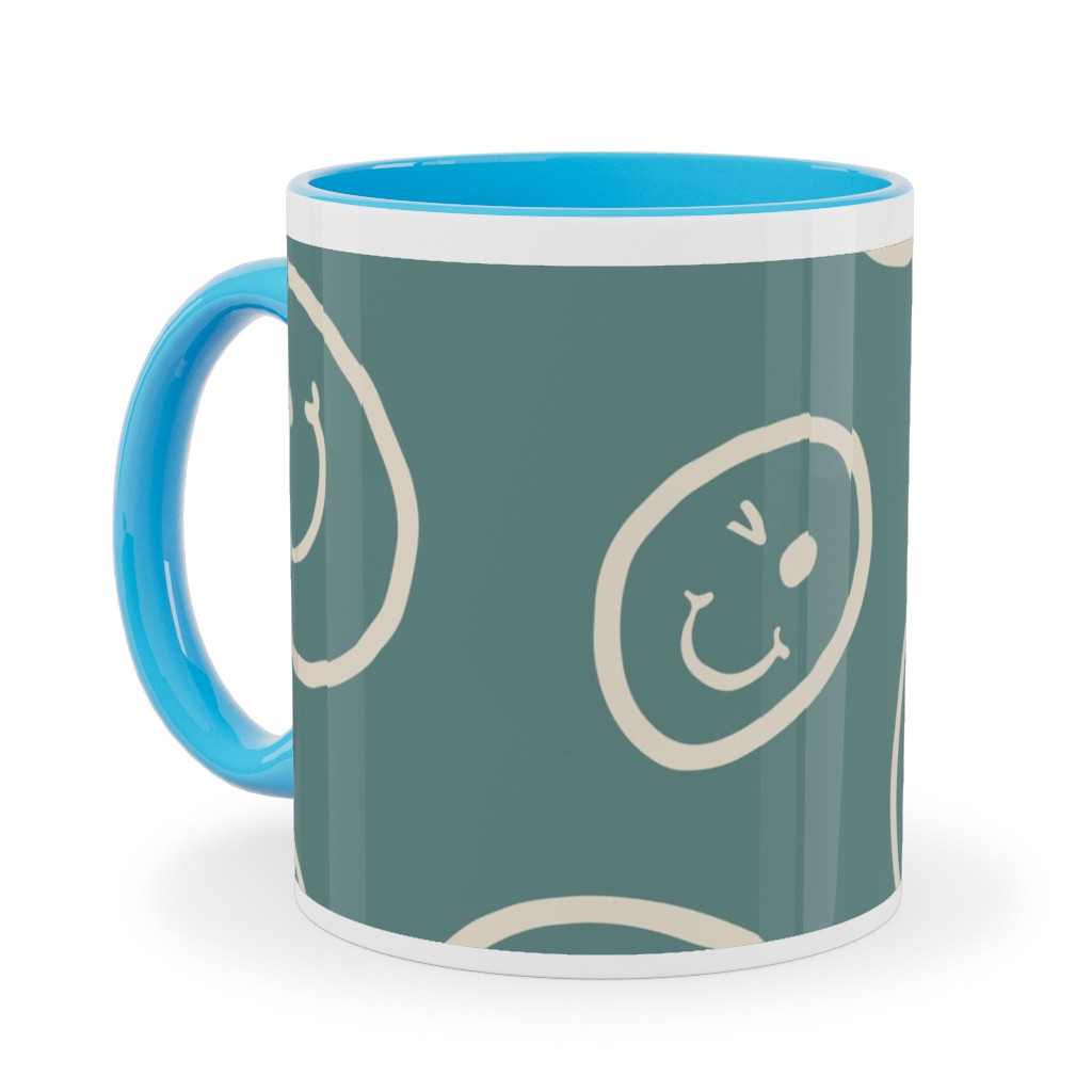 Smiley Winking Faces Ceramic Mug, Light Blue, , 11oz, Green, Ore