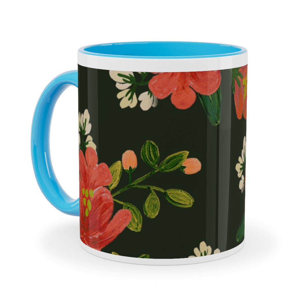 Holiday Floral Ceramic Mug, Light Blue,  , 11oz, Green