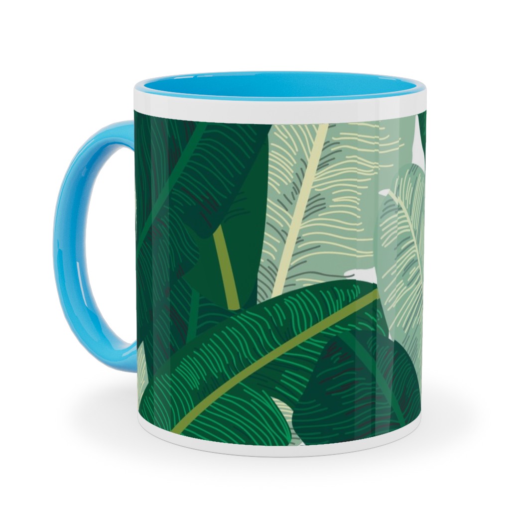 Classic Banana Leaves in Palm Springs Green Ceramic Mug, Light Blue,  , 11oz, Green