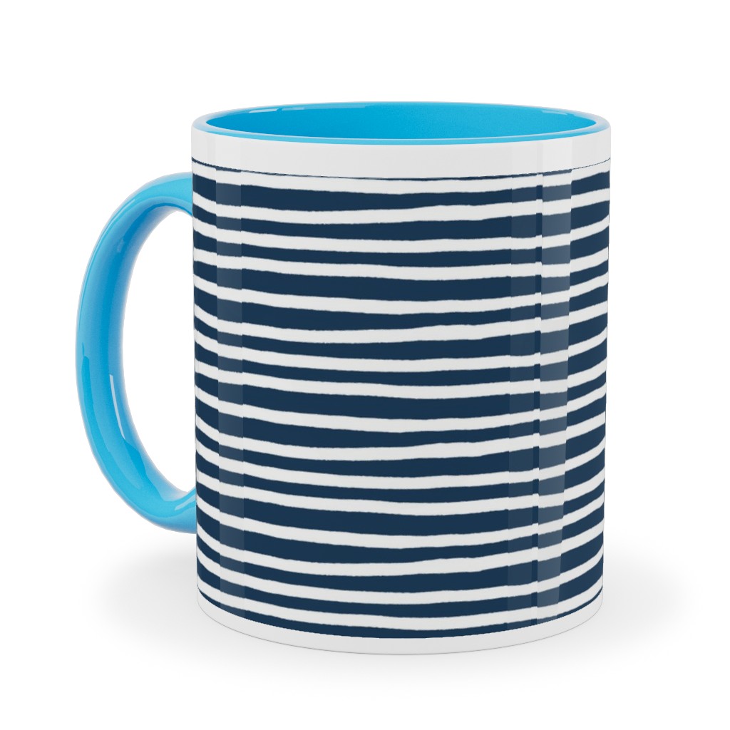 Navy Blue and White Stripes Ceramic Mug, Light Blue,  , 11oz, Blue