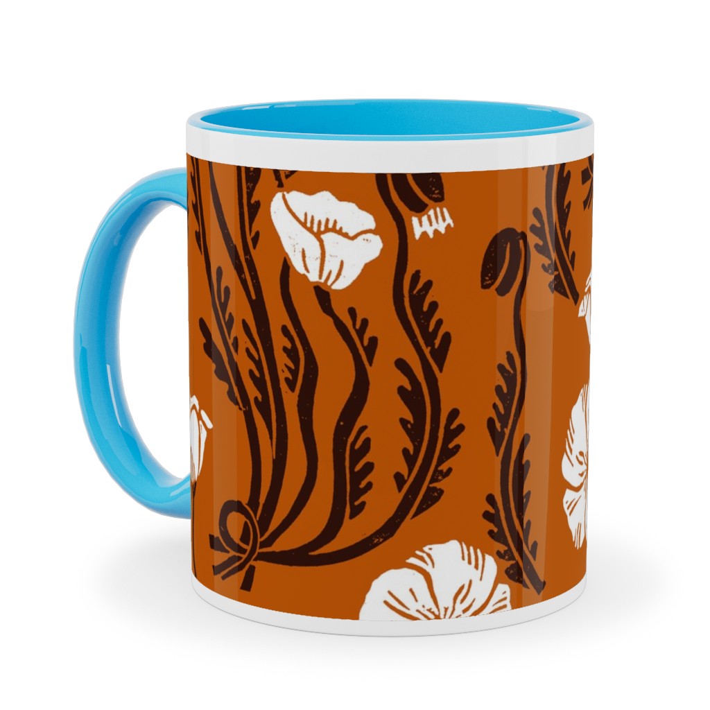 Poppy, Fall Harvest Block Printed Vintage Florals Ceramic Mug, Light Blue, , 11oz, Orange, Orange