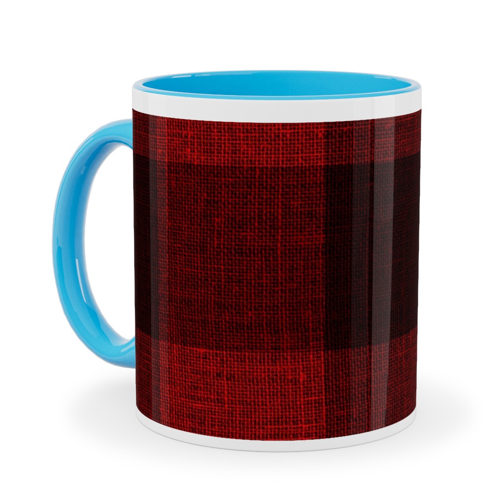 Linen Look Gingham Lumberjack - Red, Black Ceramic Mug, Light Blue,  , 11oz, Red