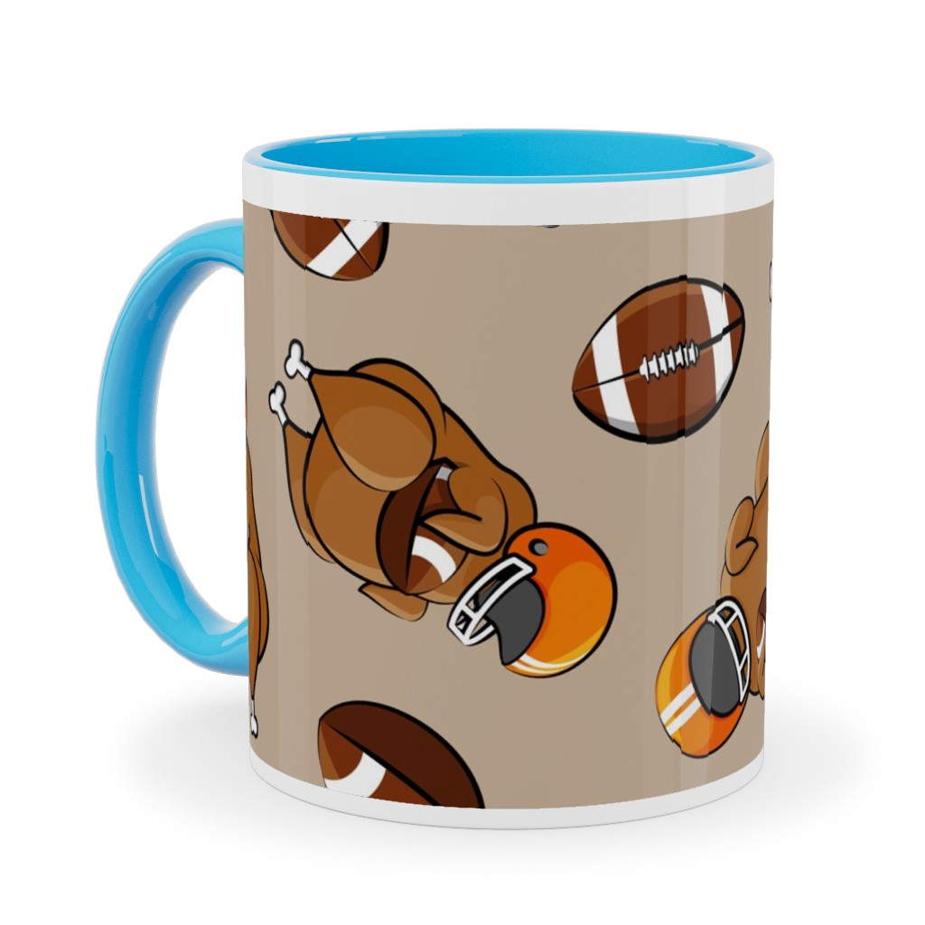 Football Turkey With Helmet and Football - Orange on Tan Ceramic Mug, Light Blue,  , 11oz, Beige