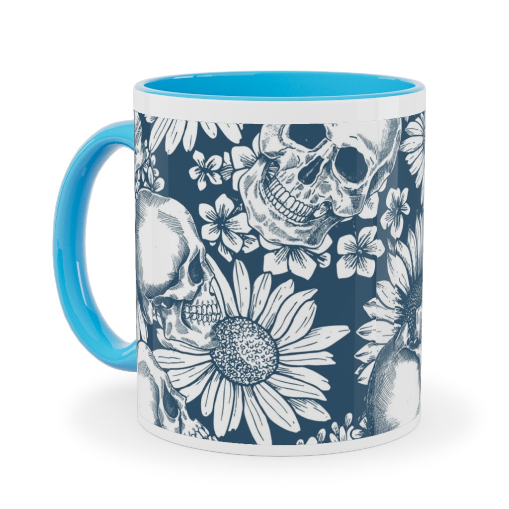 Floral Skull - Blue Ceramic Mug, Light Blue, , 11oz, Blue, True Blue