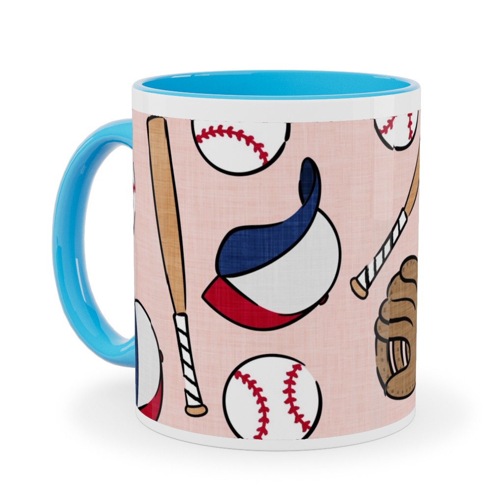 Baseball Bats Mits and Balls Ceramic Mug, Light Blue,  , 11oz, Pink