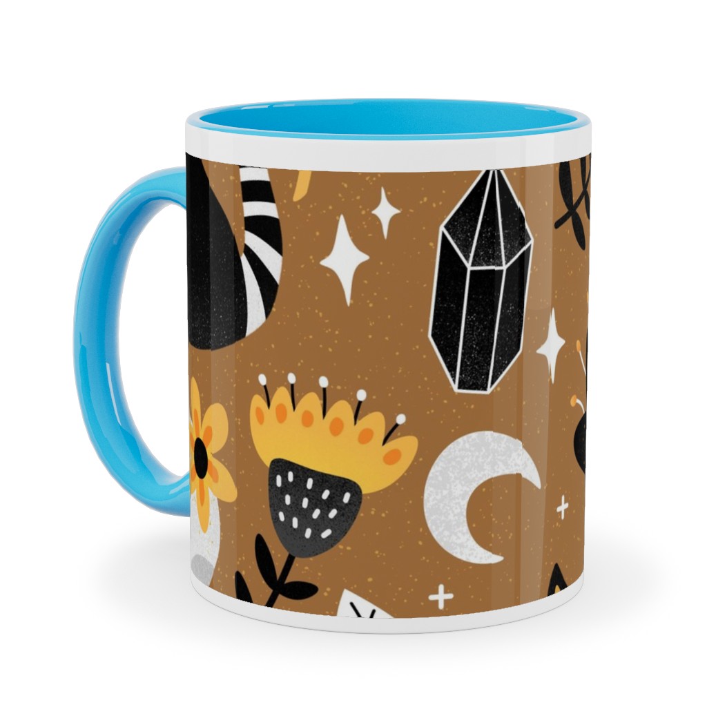 Black Cat & Floral Skull Ceramic Mug, Light Blue, , 11oz, Brown, Brown