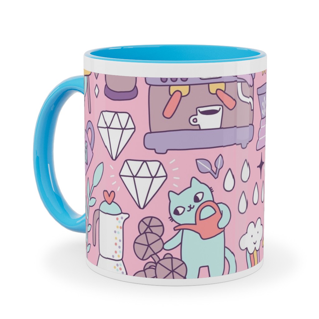 Cute Cats - Multicolor Pastel Ceramic Mug, Light Blue,  , 11oz, Pink