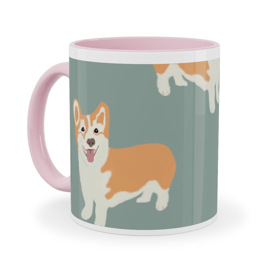 Corgi Ceramic Mug, Pink, , 11oz, Green, Basil