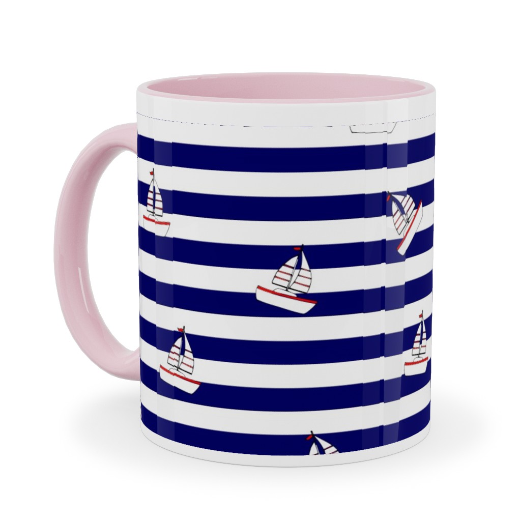 Sea and Boats Stripes - Blue Ceramic Mug, Pink,  , 11oz, Blue
