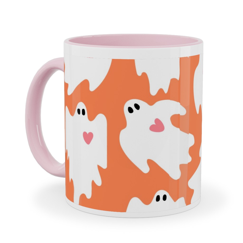 Halloween Ghosts With Hearts - Orange Ceramic Mug, Pink, , 11oz, Orange, Orange