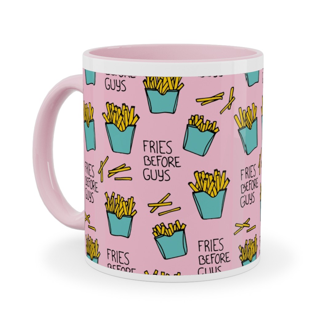 Fries Before Guys - Pop Art Food - Yellow Mint Pink Ceramic Mug, Pink,  , 11oz, Pink
