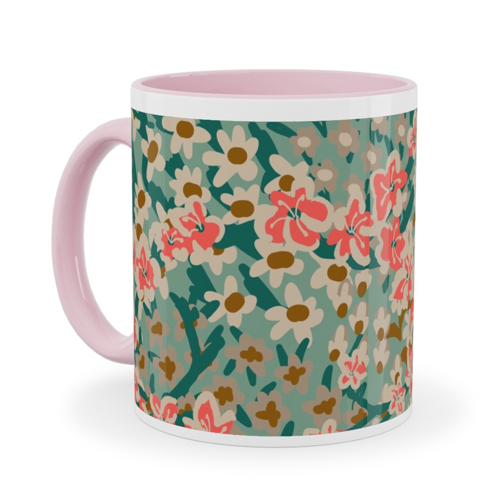 Bengal Kuma Floral - Multi Ceramic Mug, Pink, , 11oz, Green, Classic Green