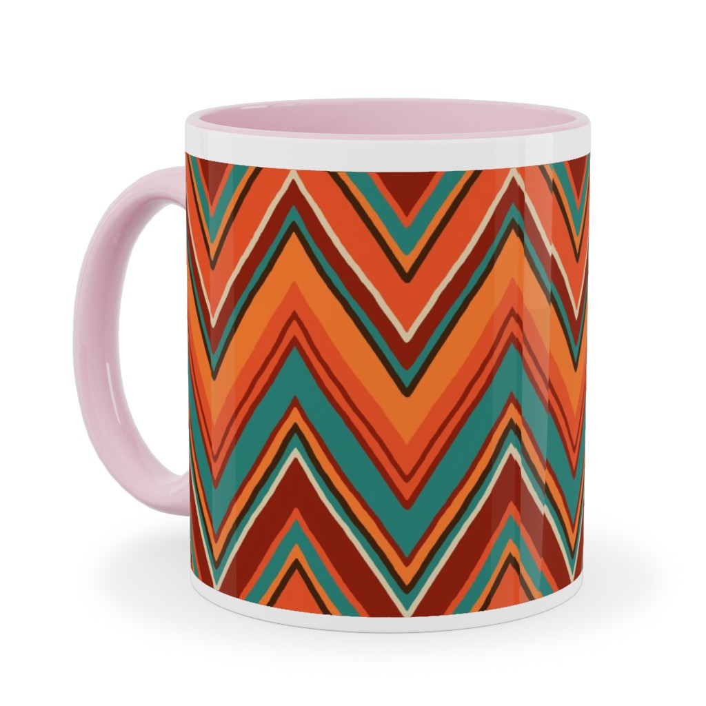 Fall Crazy Chevron - Orange and Teal Ceramic Mug, Pink,  , 11oz, Orange