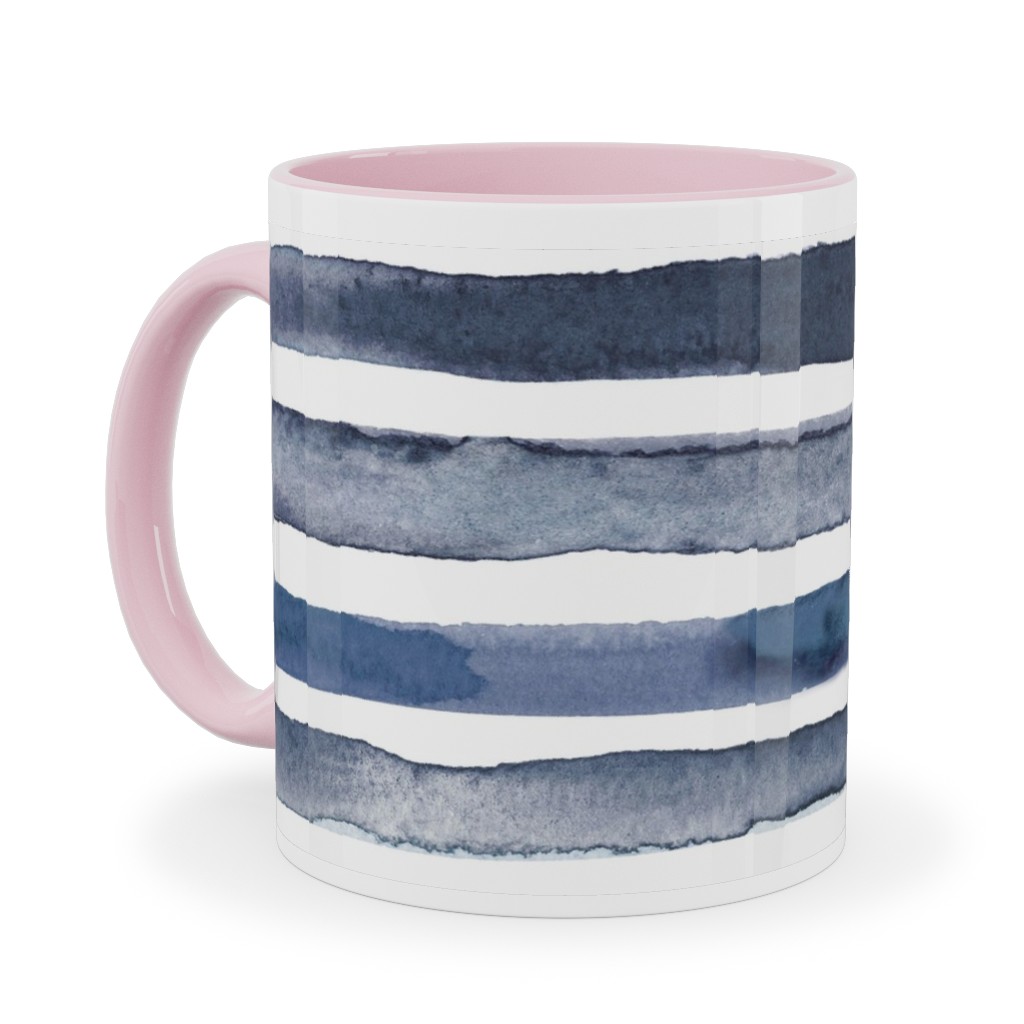 Watercolor Stripes - Blue Ceramic Mug, Pink, , 11oz, Blue, True Blue