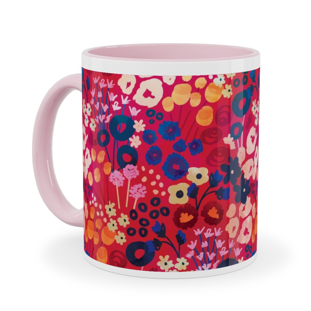 Modern Retro Floral - Multi Ceramic Mug, Pink, , 11oz, Multicolor