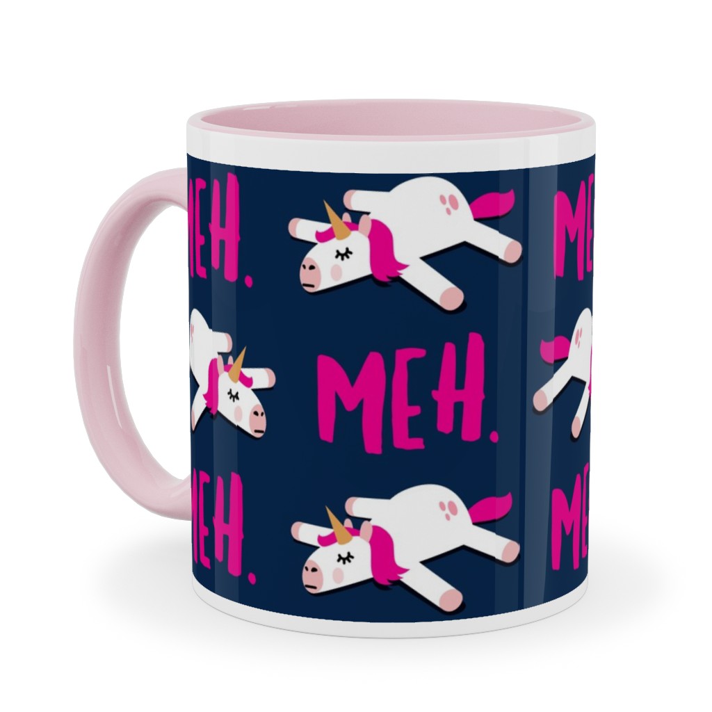 Meh - Splooting Unicorns - Pink on Navy Ceramic Mug, Pink, , 11oz, Pink, Bright Pink