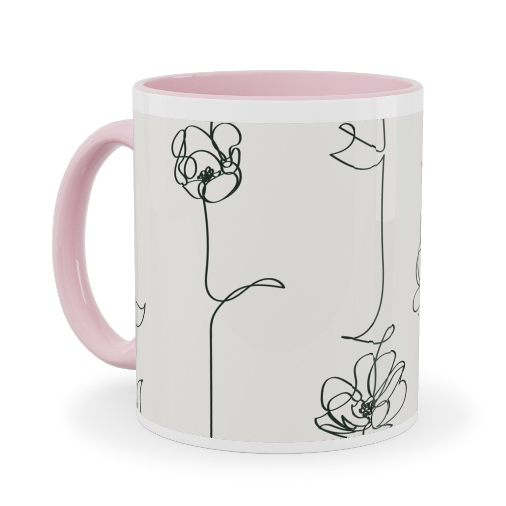 One Line Floral - Light Ceramic Mug, Pink,  , 11oz, White