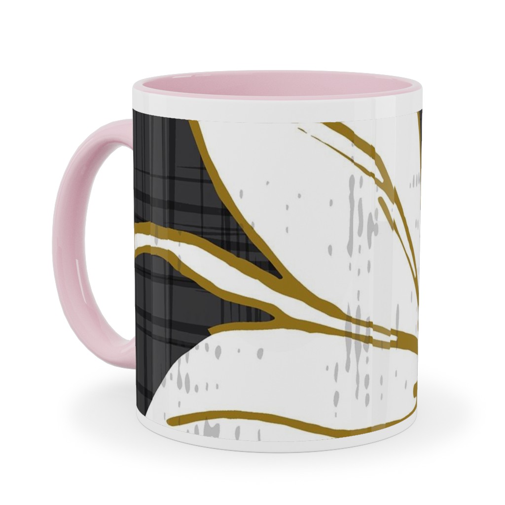 Lilium - Floral - Charcoal Black & White Ceramic Mug, Pink,  , 11oz, Black
