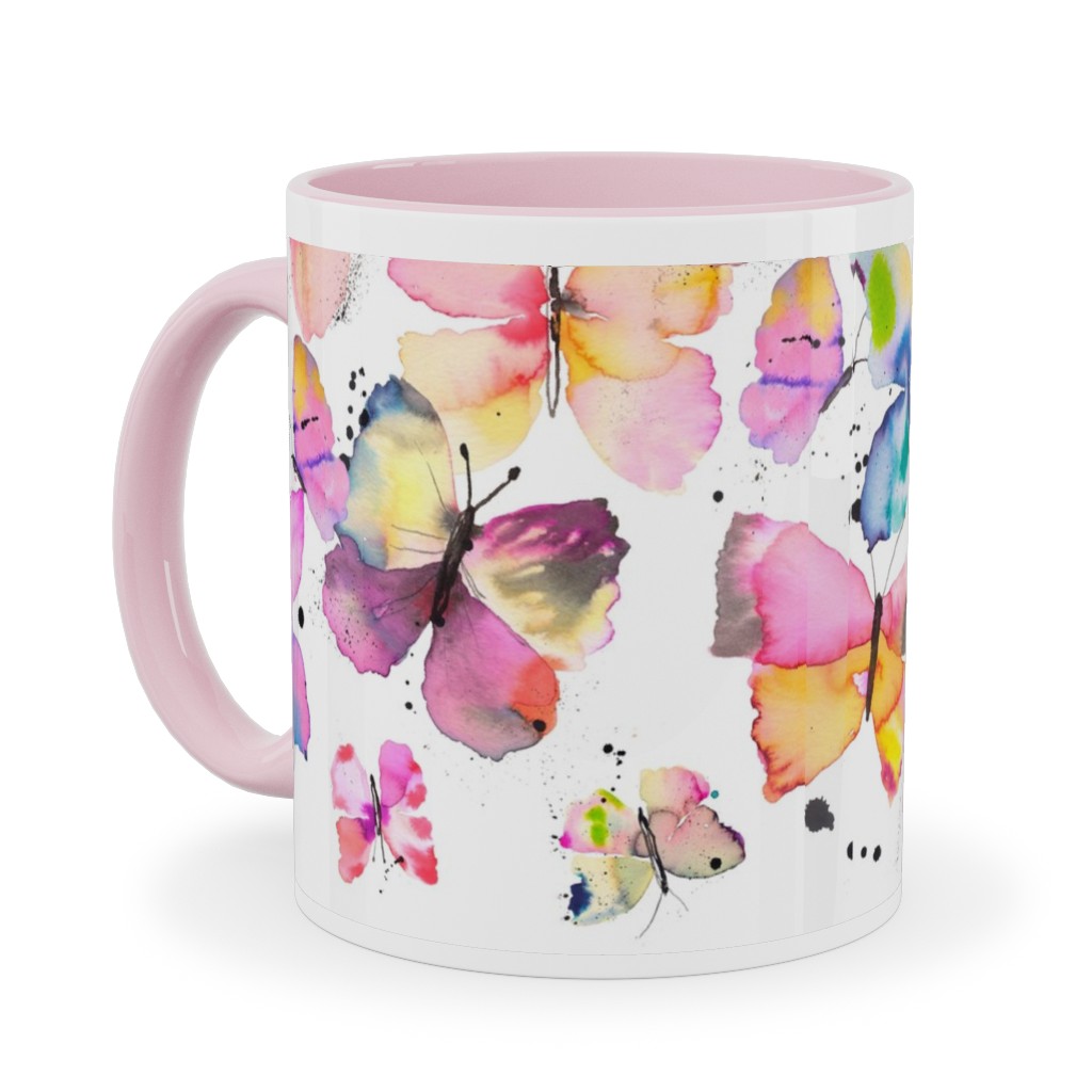 Watercolor Butterflies - Multicolor Ceramic Mug, Pink,  , 11oz, Multicolor