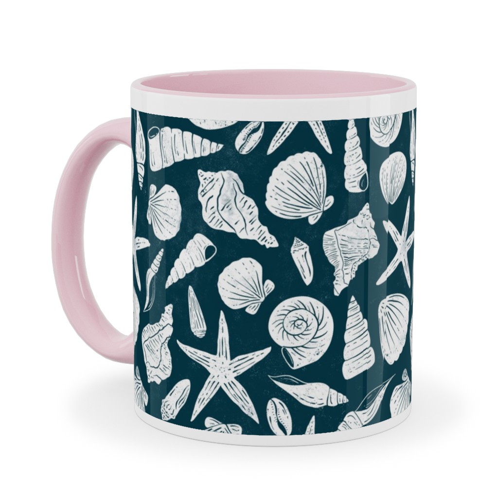 Textured Ocean Seashells - Dark Blue and Cream Ceramic Mug, Pink, , 11oz, Blue, True Blue