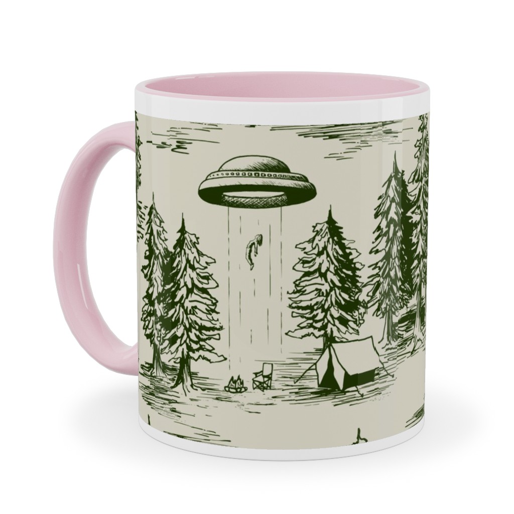 Alien Abduction Toile De Jouy - Forest Green & Cream Ceramic Mug, Pink, , 11oz, Green, Classic Green
