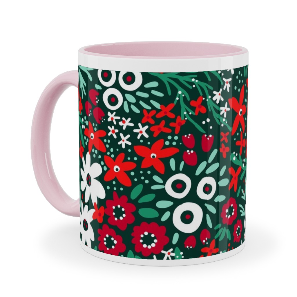 Rustic Floral - Holiday Red and Green Ceramic Mug, Pink,  , 11oz, Green