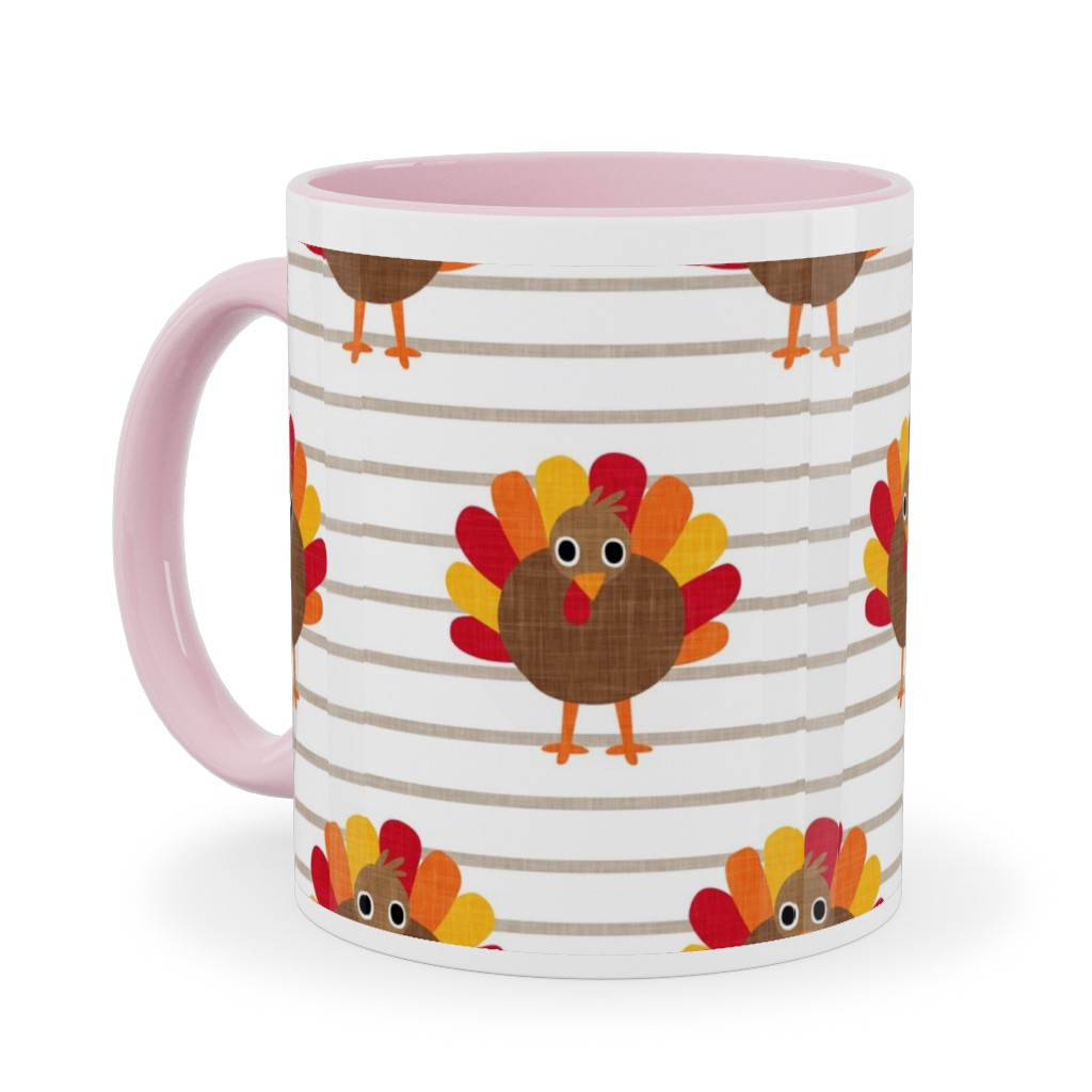Cute Thanksgiving Turkey - on Khaki Stripes Ceramic Mug, Pink, , 11oz, Orange, Orange