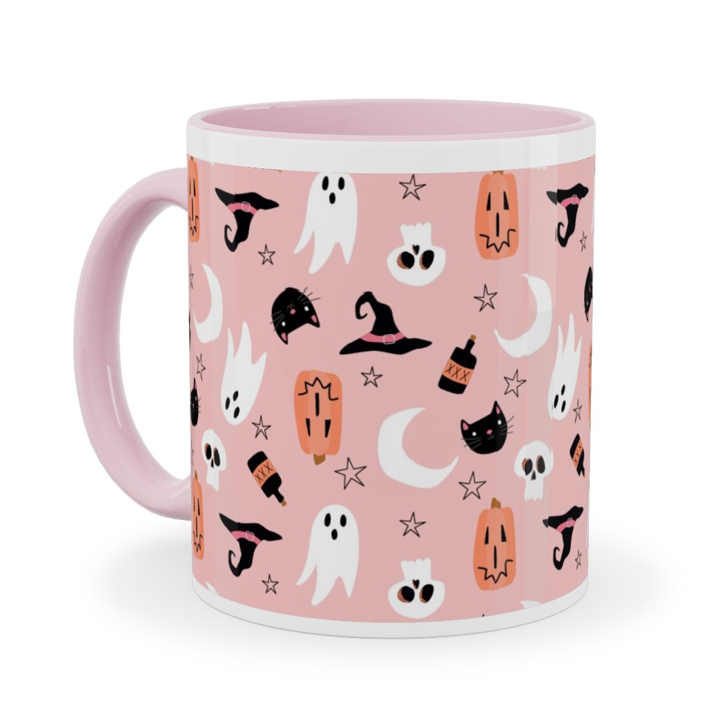Sweet Halloween - Pumpkin, Witch, Ghost, & Cat - Pink Ceramic Mug, Pink, , 11oz, Pink, Bright Pink