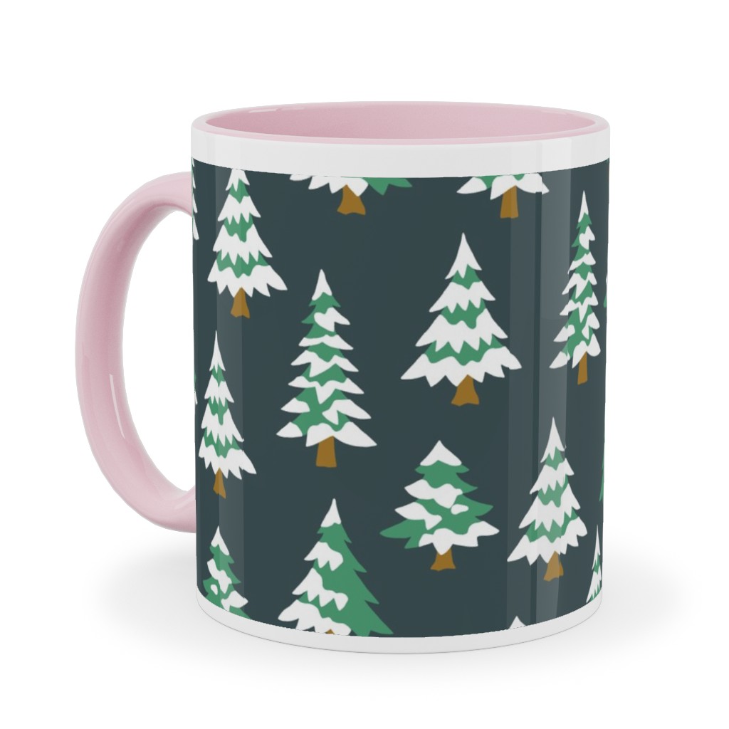 Winter Village Trees With Snow - Dark Ceramic Mug, Pink, , 11oz, Green, Classic Green