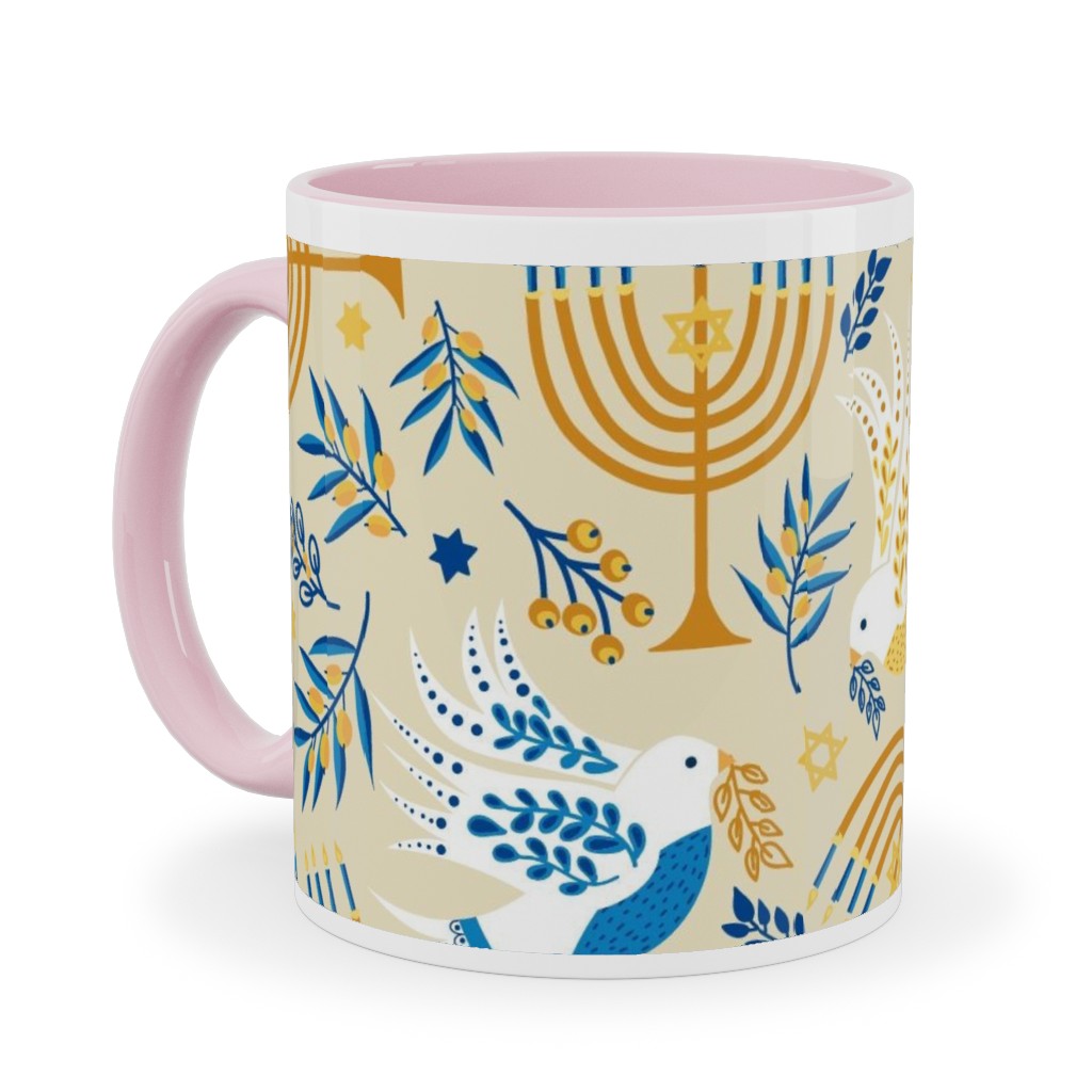 Hanukkah Birds Menorahs - Yellow Ceramic Mug, Pink,  , 11oz, Yellow