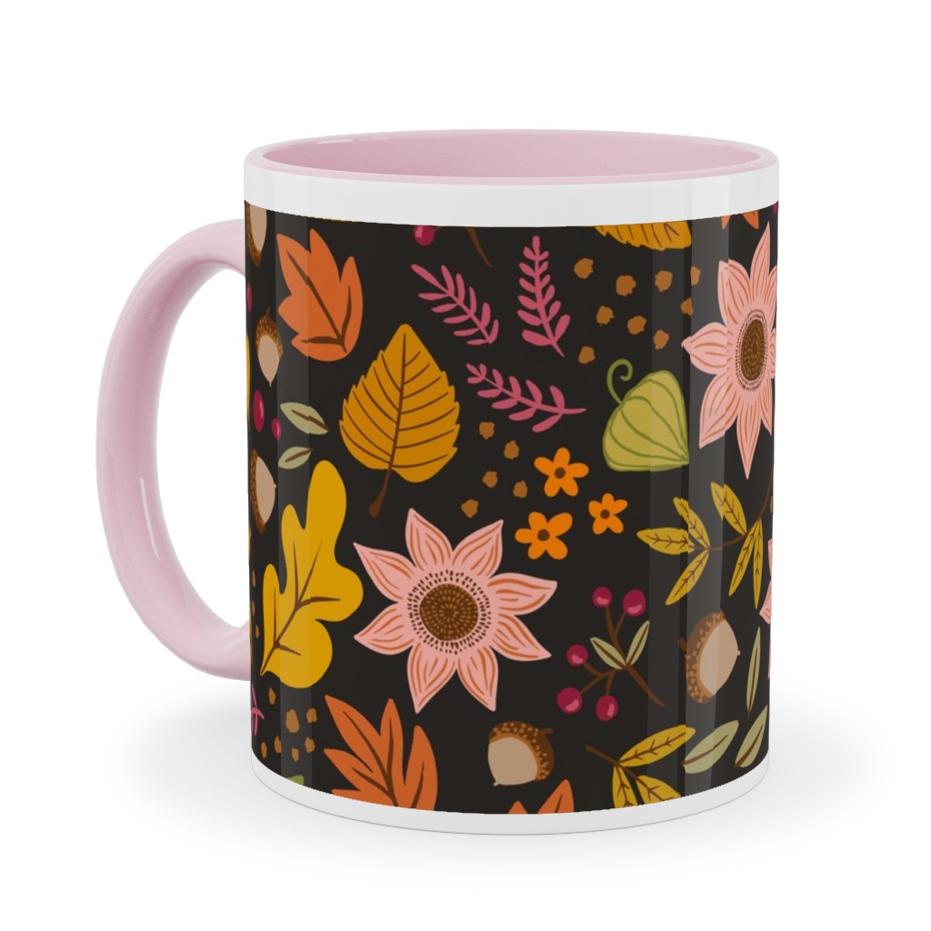 Autumn Floral - Dark Ceramic Mug, Pink, , 11oz, Multicolor