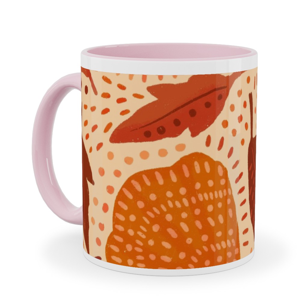 Autumn Mushrooms and Fallen Leaves Ceramic Mug, Pink, , 11oz, Orange, Orange