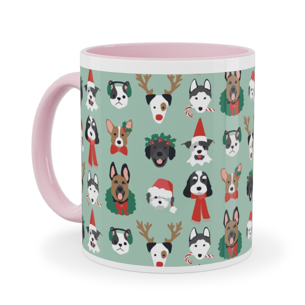 Christmas Holiday Puppy Dogs - Green Ceramic Mug, Pink,  , 11oz, Green