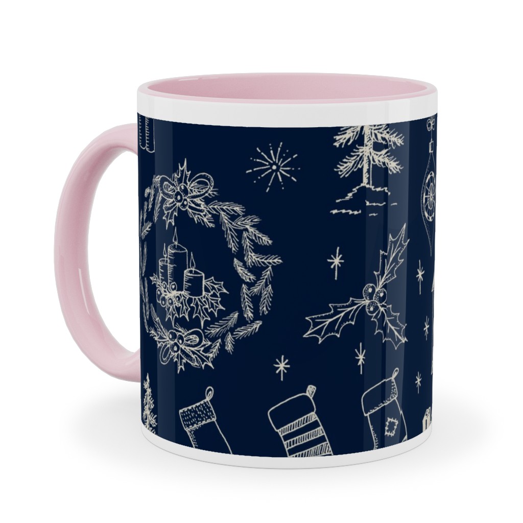 Christmas Toile - Starry Night Ceramic Mug, Pink,  , 11oz, Blue