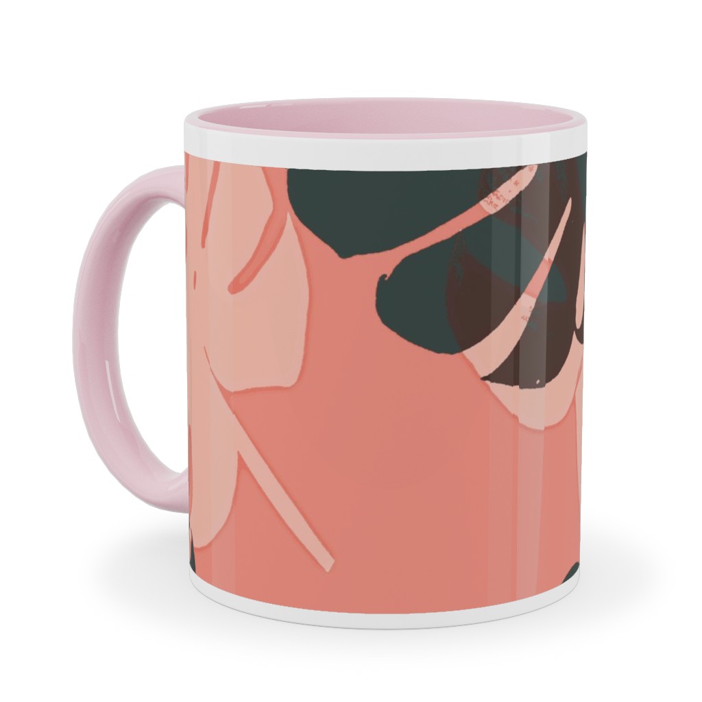 Monstera Leaves - Calypso Ceramic Mug, Pink, , 11oz, Pink, Bright Pink