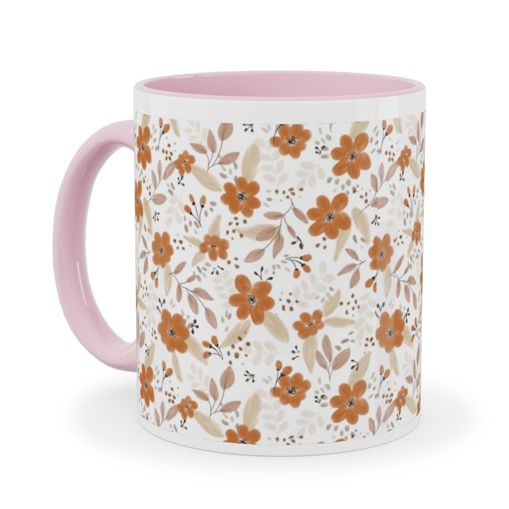 Fall Floral Ceramic Mug, Pink, , 11oz, Orange, Antique White