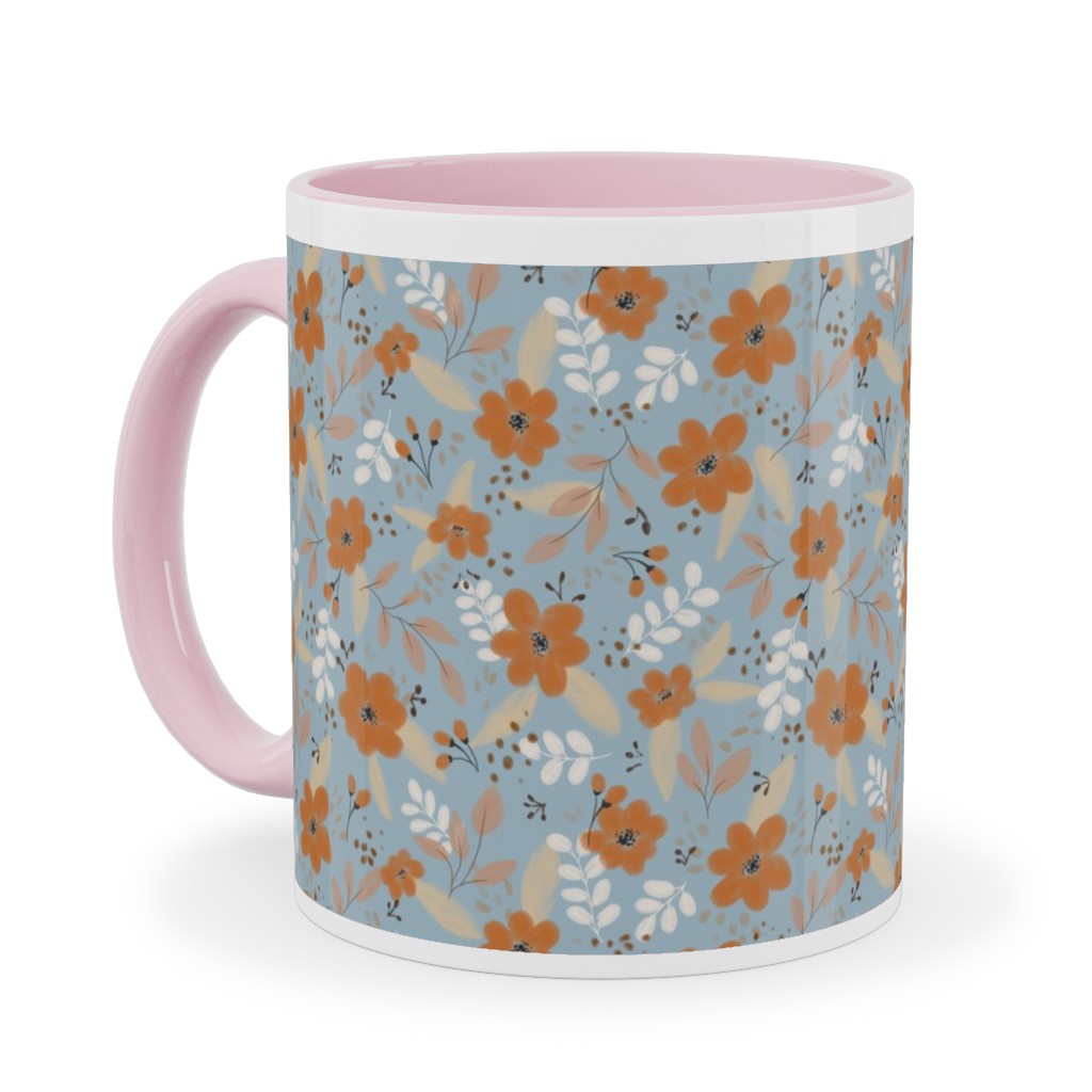 Fall Floral Ceramic Mug, Pink, , 11oz, Blue, Cool Gray