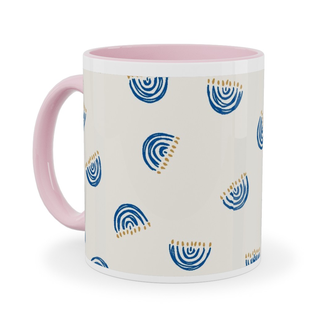 Nine Branch Menorah Tossed in Bright Blue Ceramic Mug, Pink, , 11oz, Beige, Pearl