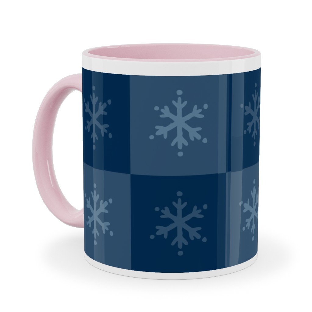 Scandi Cozy Winter Checkered Blue Snowflake Ceramic Mug, Pink,  , 11oz, Blue