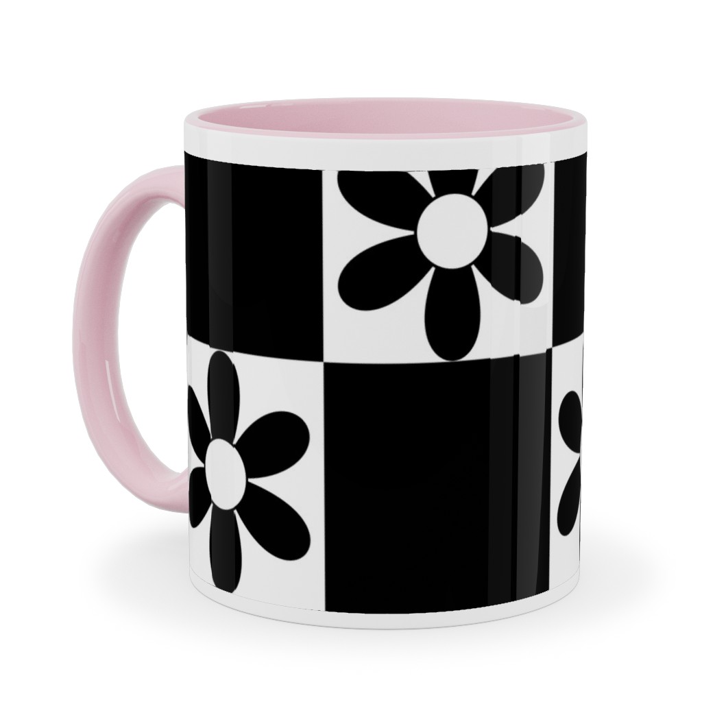 Daisy Checkerboard Ceramic Mug, Pink, , 11oz, Black, Black