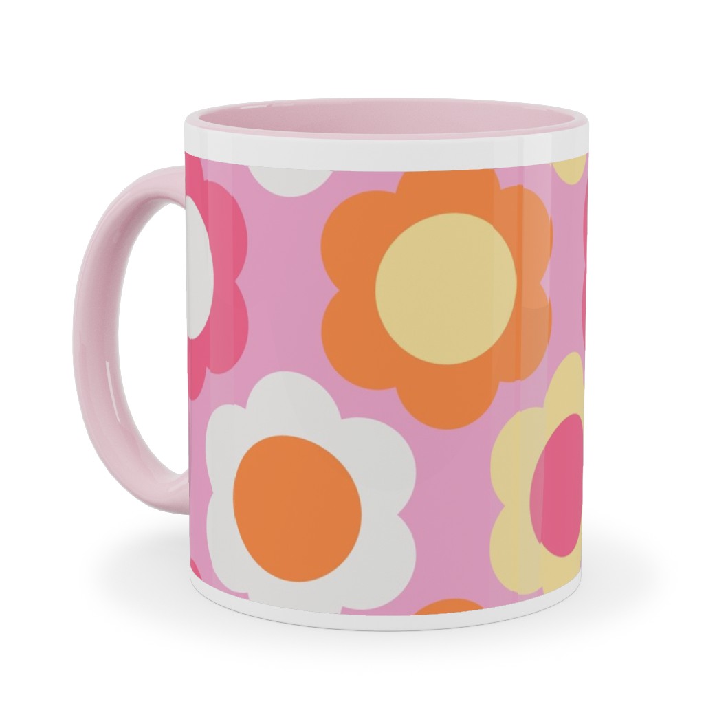 Retro Geometric Flowers - Pink and Orange Ceramic Mug, Pink,  , 11oz, Pink