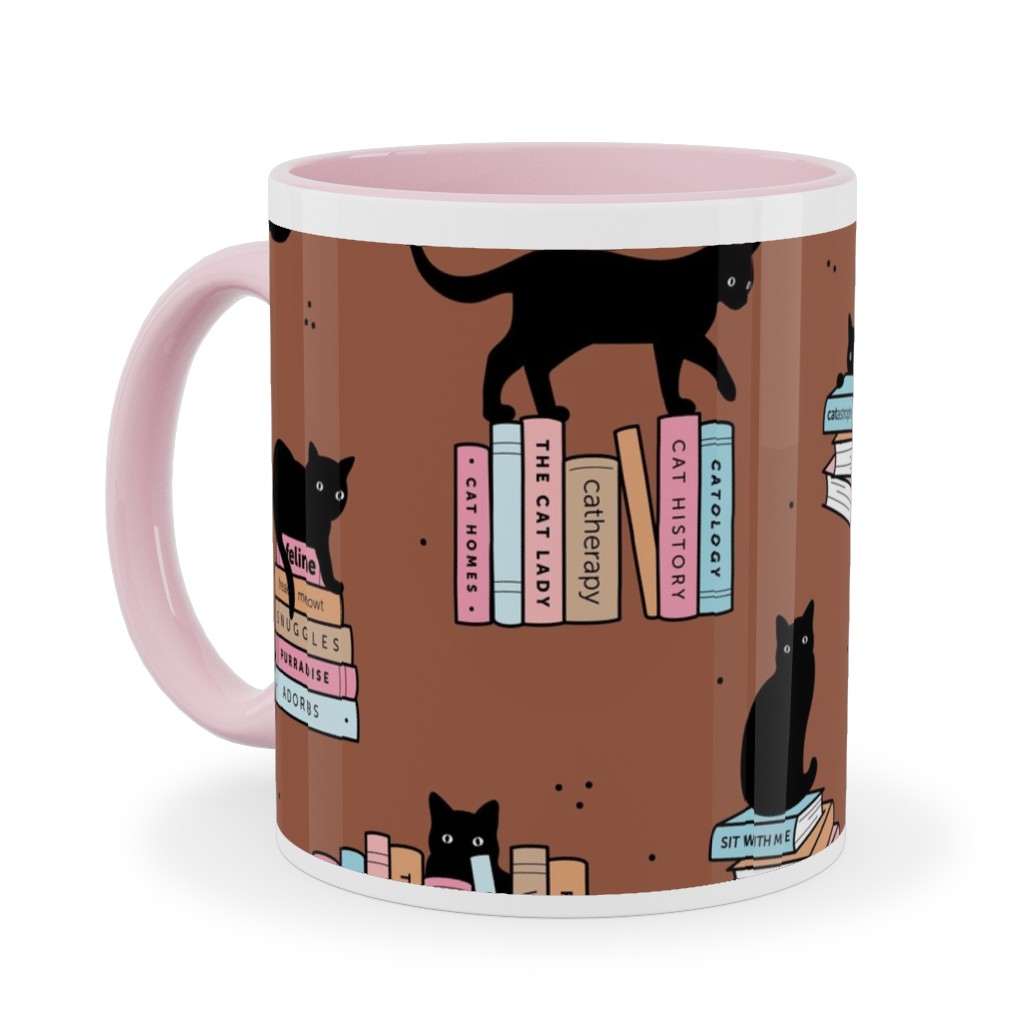 Cats and Books Ceramic Mug, Pink, , 11oz, Brown, Sienna Brown