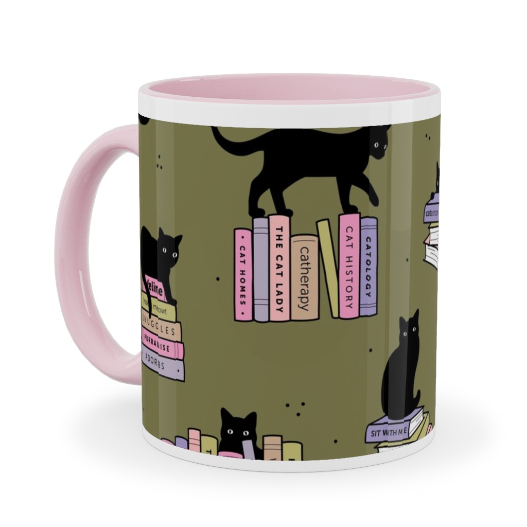 Cats and Books Ceramic Mug, Pink,  , 11oz, Green