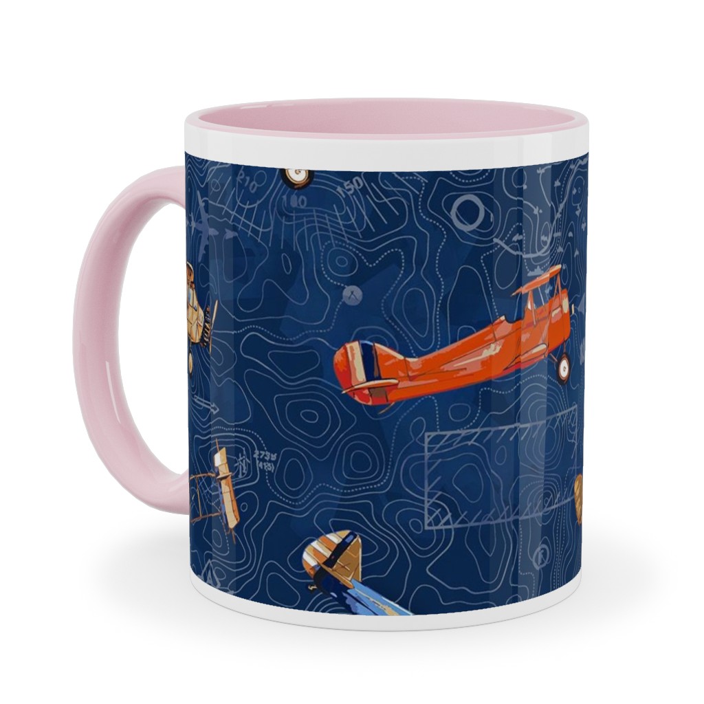 Vintage Airplanes - Blue Ceramic Mug, Pink,  , 11oz, Blue