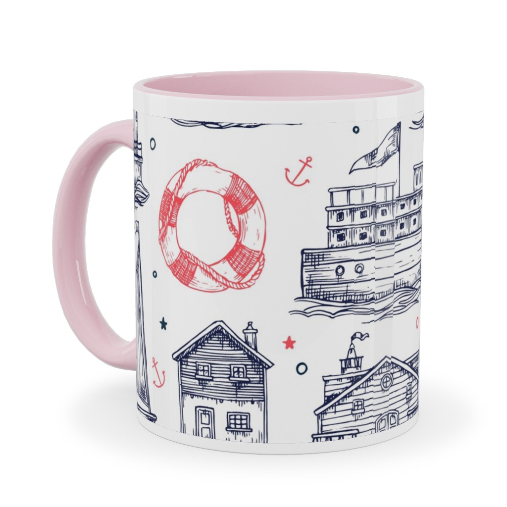 Sea Stories - Navy and Pink Ceramic Mug, Pink, , 11oz, Blue, True Blue