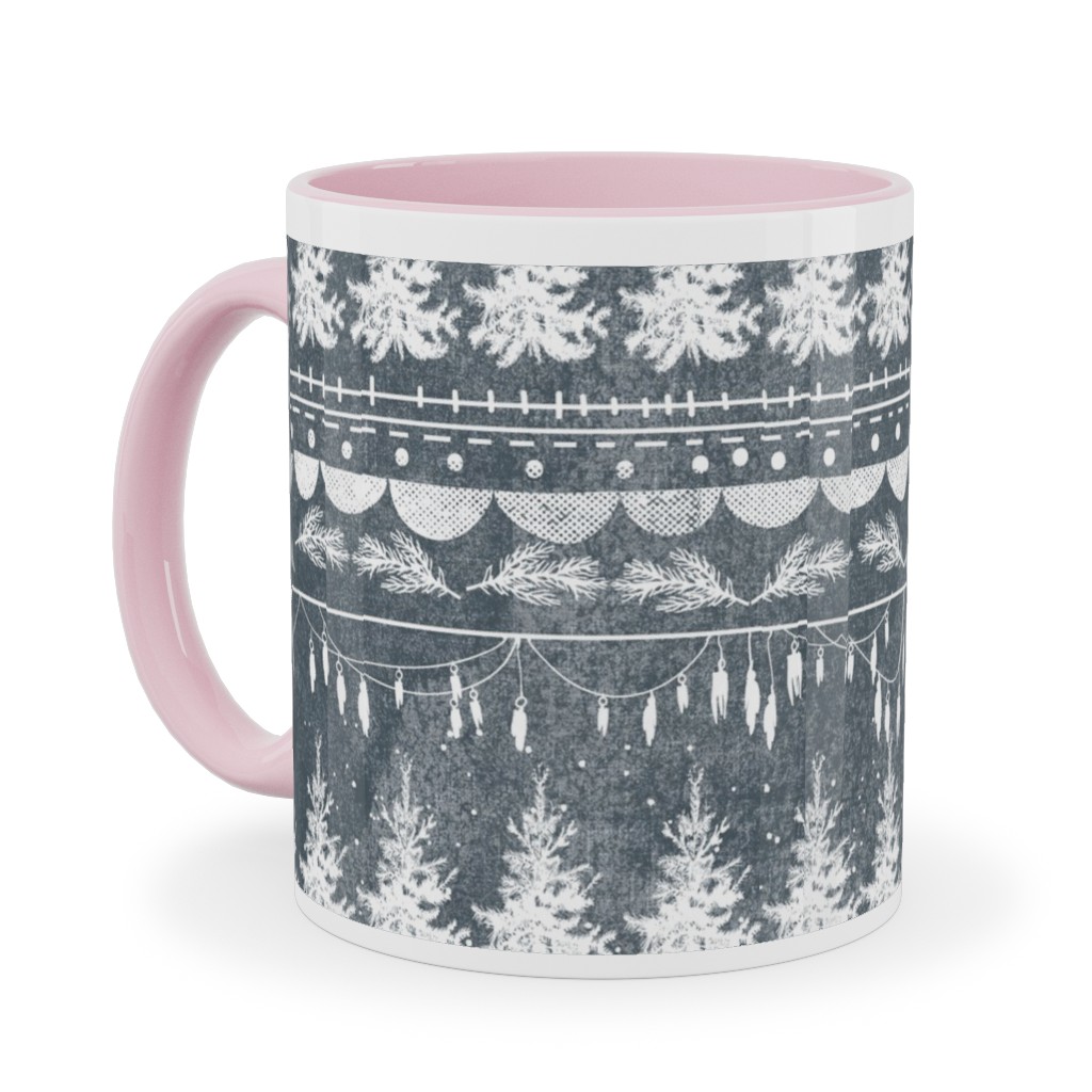 Vintage Christmas Stripe Ceramic Mug, Pink, , 11oz, Gray, Metal