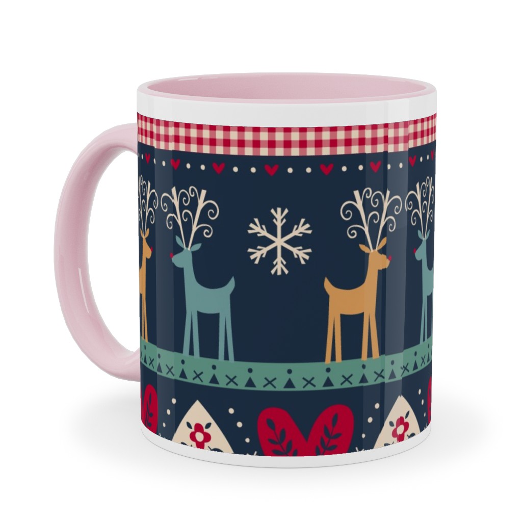 Vintage Nordic Christmas Ceramic Mug, Pink, , 11oz, Multicolor, Seaweed