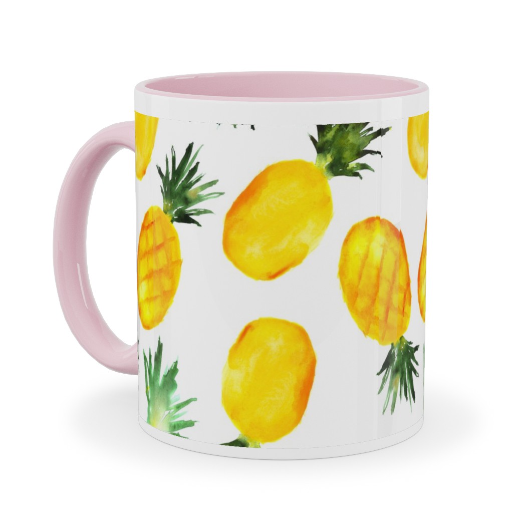 Watercolor Pineapples - Yellow Ceramic Mug, Pink, , 11oz, Yellow, Classic Yellow
