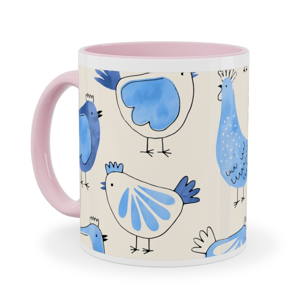 Chicken and Rooster - Watercolor - Blue on Creme Ceramic Mug, Pink,  , 11oz, Blue